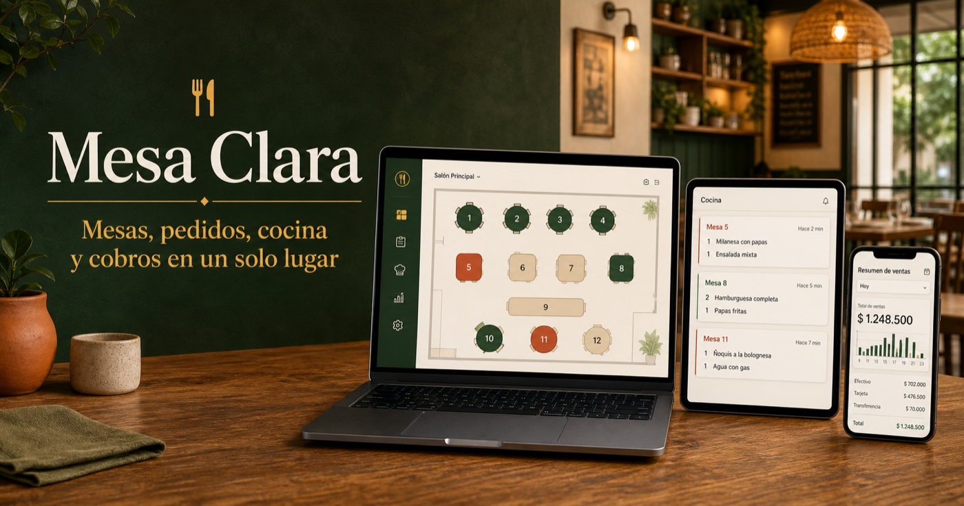 Vista de Mesa Clara en computadora, tablet y teléfono dentro de un restaurante